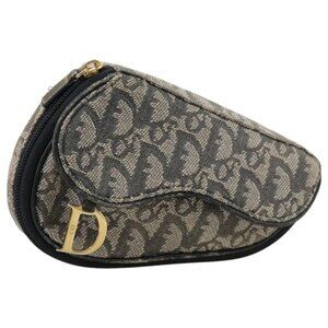 Christian Dior Trotter Canvas Saddle Pouch Navy Gold Auth 101852